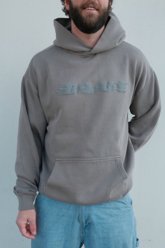 BLUE Flame Hoodie in Faded Grey