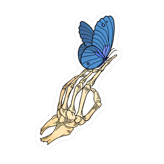 Skeleton Hand Blue Butterfly Sticker